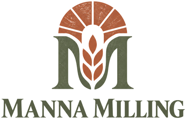 Manna Milling logo: a sheaf of wheat rising inside the letter M beneath a sunrise